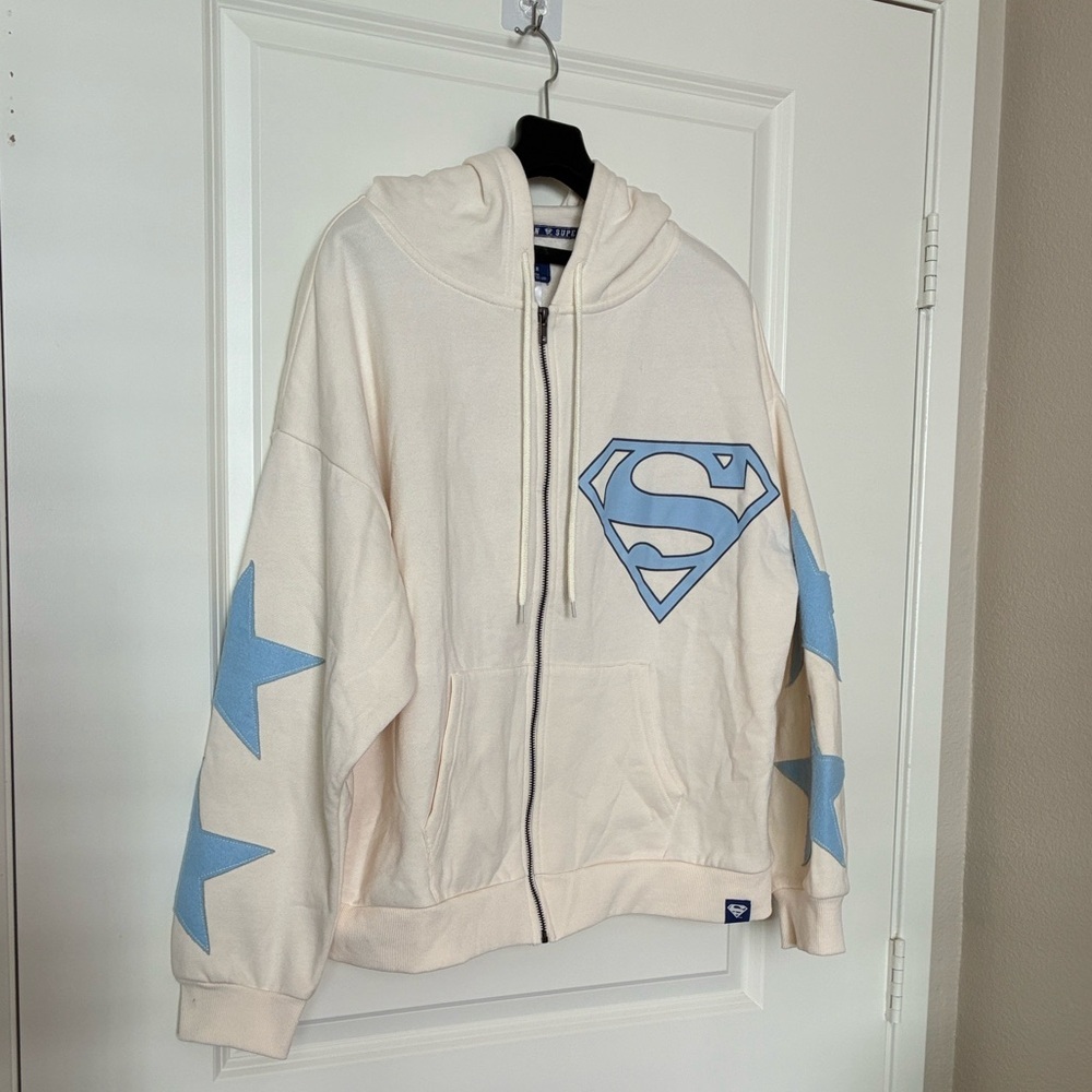 Superman Cream and Blue Hoodie Sweatshirt size XL